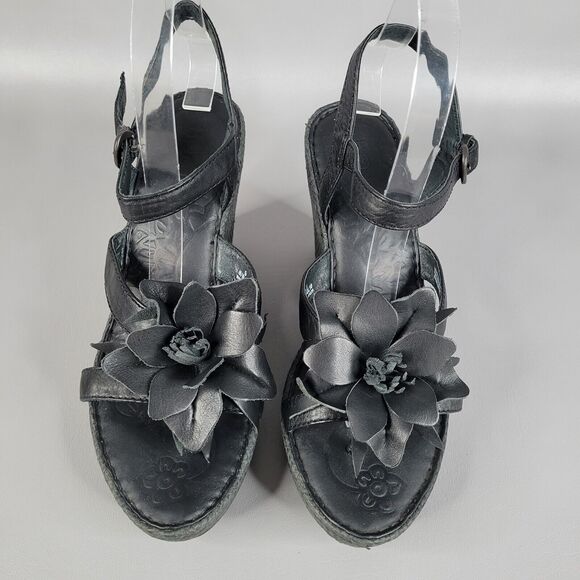 Born Womens Black Leather Flower Wedge Platform Leather Strappy Sandals Size 9 - Picture 4 of 12